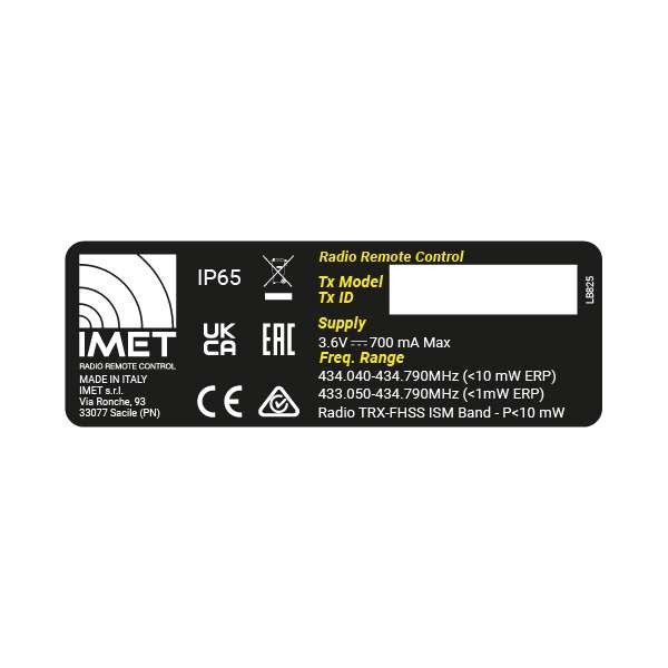 Remote Control Labelling IMET Zeus2/Thor2/Ares2/Kron TX ID Label 434MHz | Remote Control Parts ...